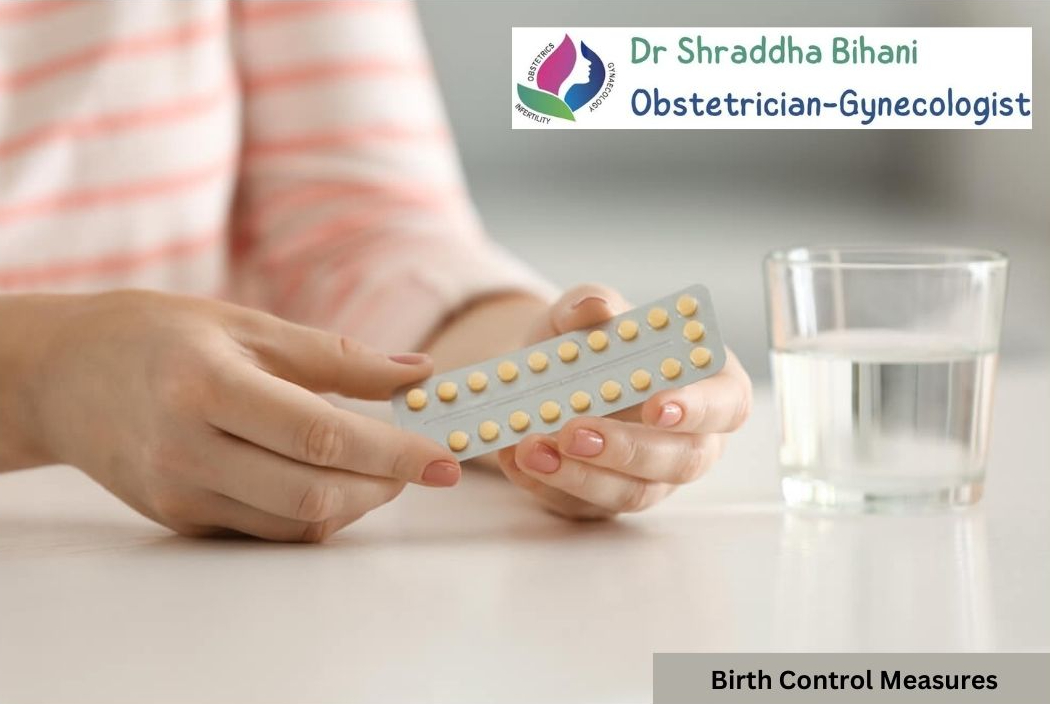 Image of a woman holding contraceptive pills with a glass of water, symbolizing birth control measures provided by Dr. Shraddha Bihani in Indore.