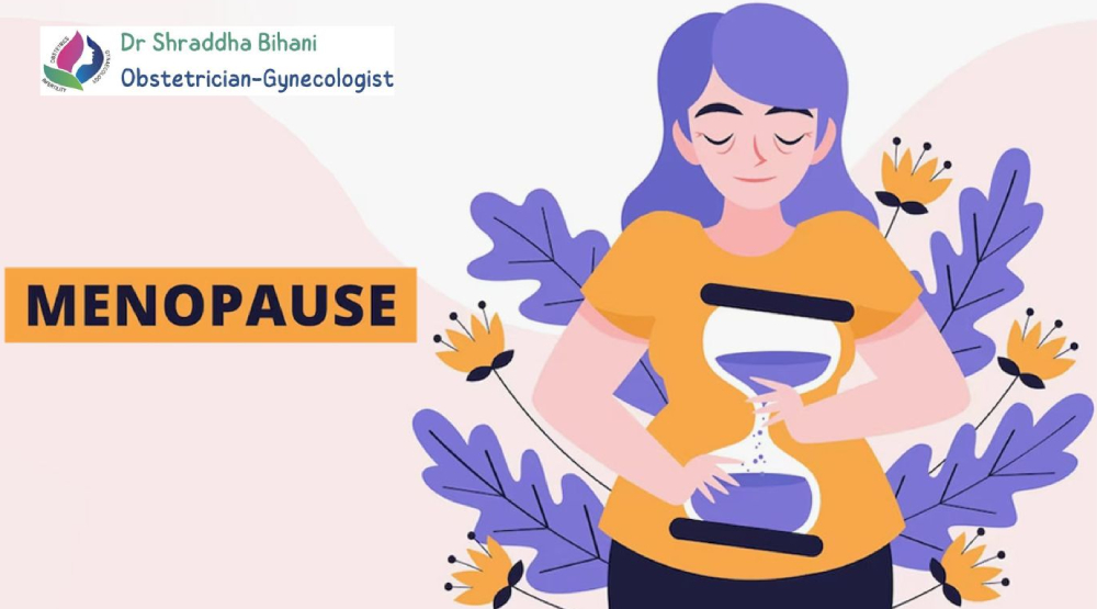 Illustration of a woman holding an hourglass symbolizing menopause, highlighting specialized care by Dr. Shraddha Bihani in Indore.