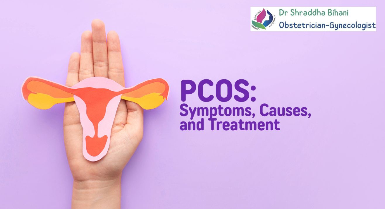 Illustration of the female reproductive system on a hand, promoting PCOS symptoms, causes, and treatment by Dr. Shraddha Bihani in Indore.