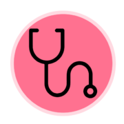 Pink circular icon featuring a stethoscope, symbolizing comprehensive medical and healthcare services.