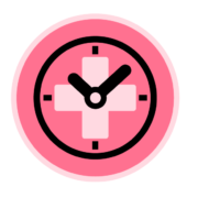 Pink circular icon featuring a clock with a medical cross, symbolizing timely and reliable healthcare services