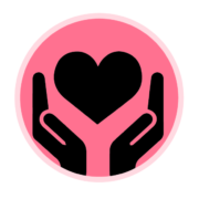 Pink circular icon featuring two hands holding a heart, symbolizing care, compassion, and support in healthcare.