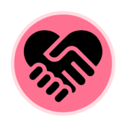 Pink circular icon featuring a handshake in the shape of a heart, symbolizing care, trust, and collaboration in healthcare.