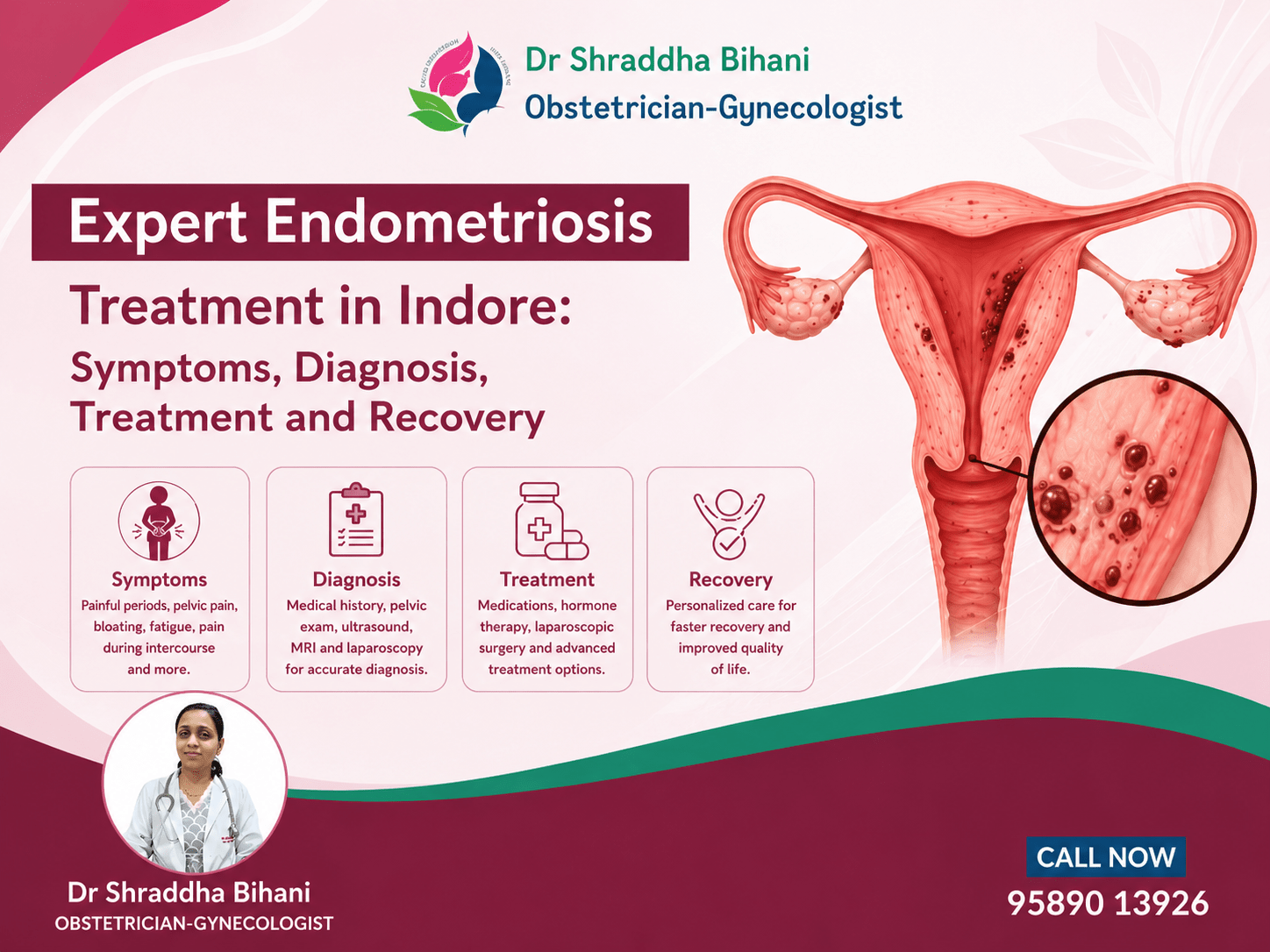 Expert endometriosis treatment infographic for Dr. Shraddha Bihani, Obstetrician-Gynecologist in Indore, showing symptoms, diagnosis, treatment, recovery, and a detailed uterus illustration